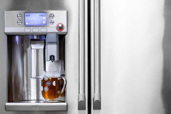 A Keurig coffee maker built into the new GE Cafe French refrigerator