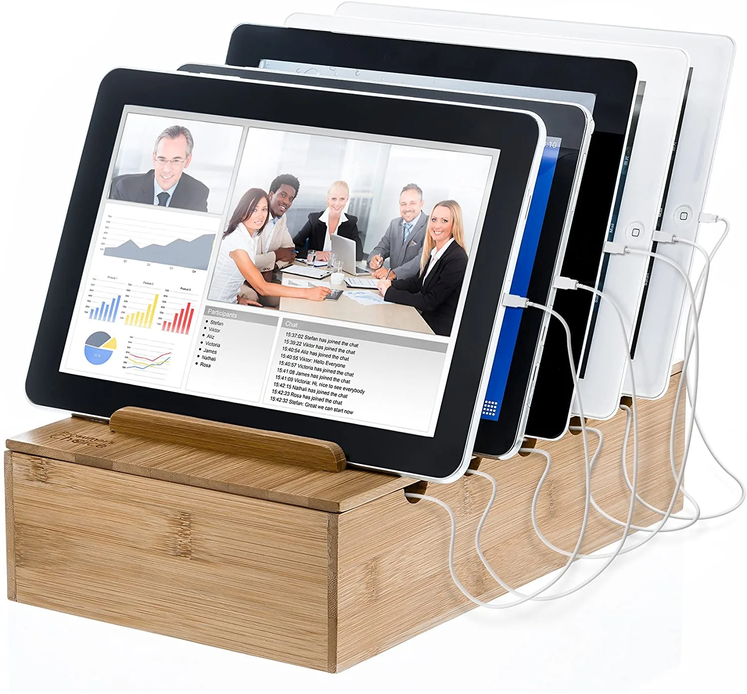 Bamboo charging station with built in USB ports and space to hide cord tangles