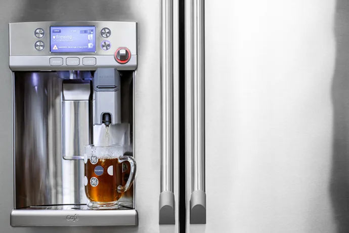 A Keurig coffee maker built into the new GE Cafe French refrigerator