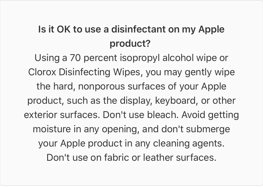 Apple advice for a safe way to cleaning germs from your device