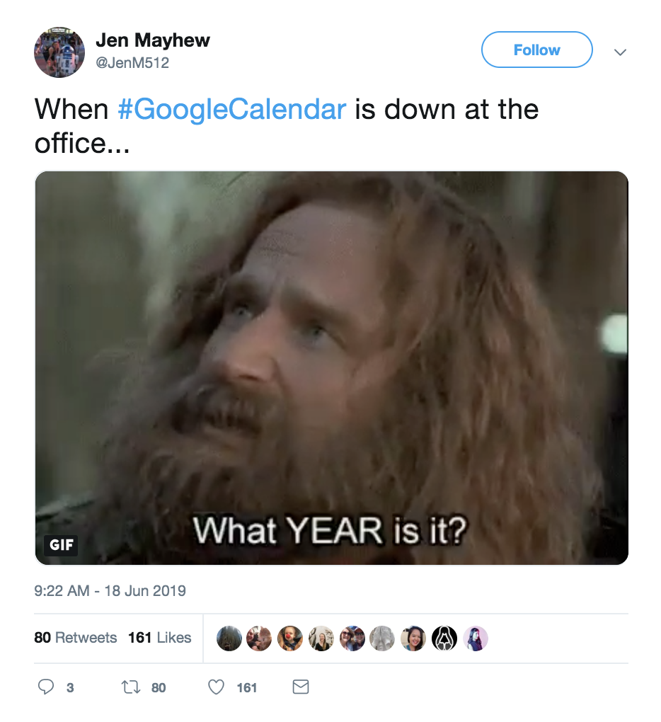 Google Calendar down: Funny tweet by Jen Mayhew
