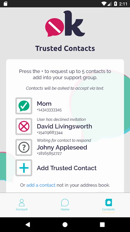 notOK app: Trusted Circle of contacts
