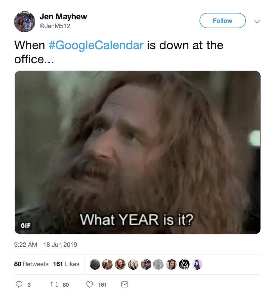 Google Calendar down: Funny tweet by Christine Nicholson