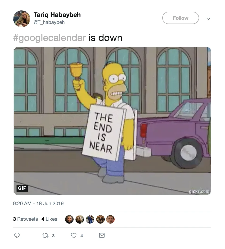 Google Calendar down: Funny tweet by Tariq Habaybeh