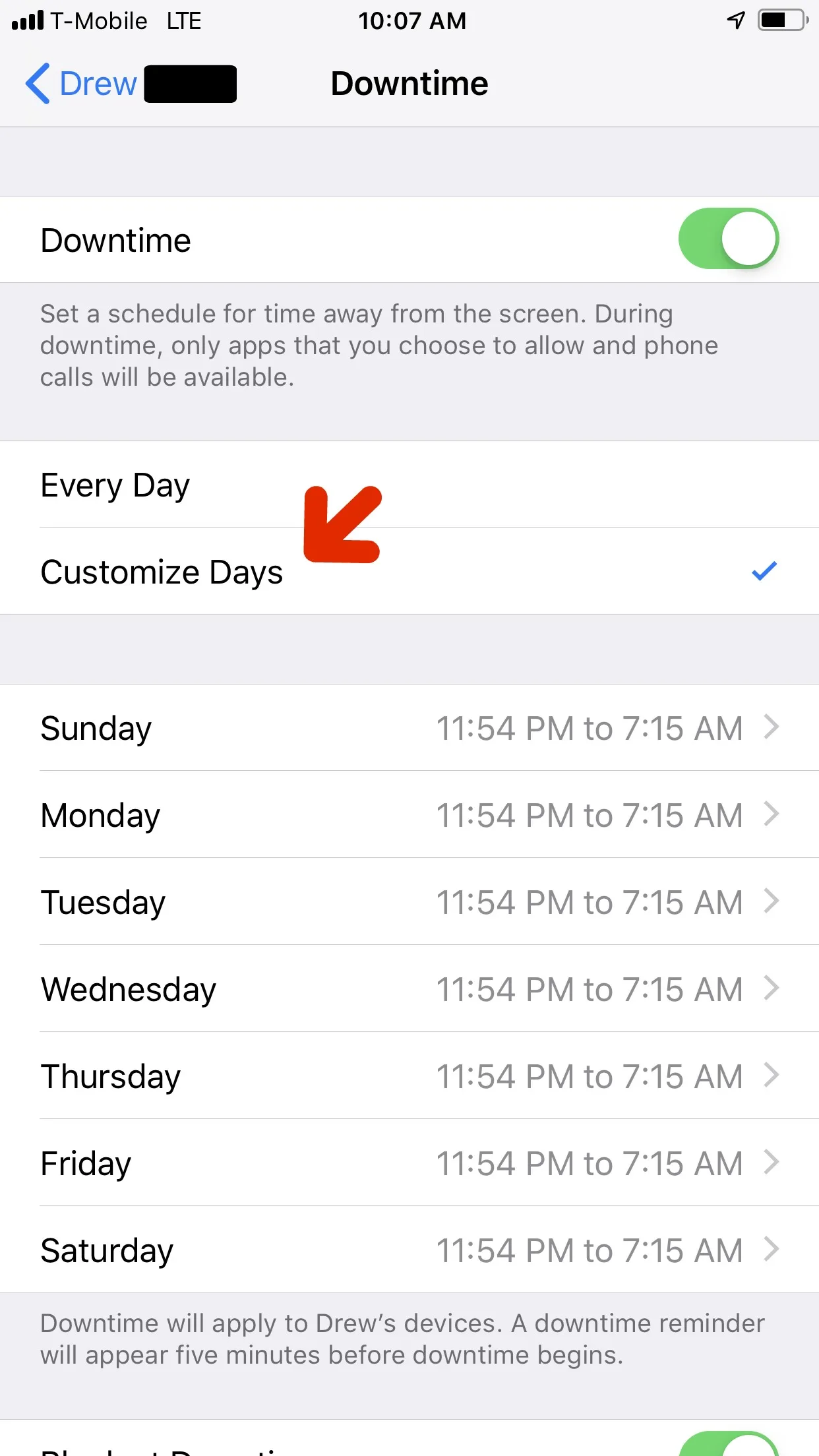 How to customize Downtime with specific days on Screen time app iOS 12.2