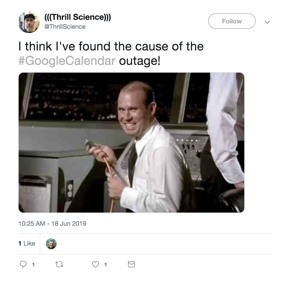 Google Calendar down: Funny tweet by Thrill Science