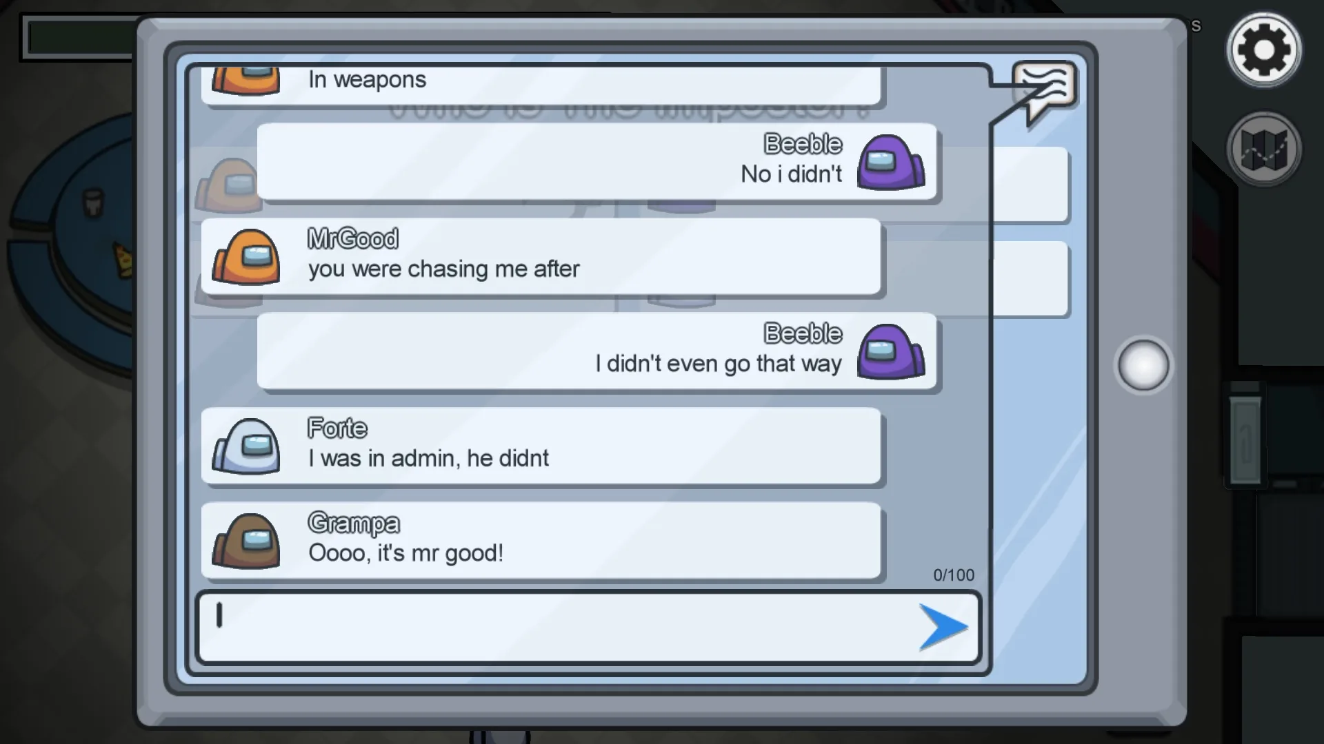 The chat board from Among Us multiplayer game for kids