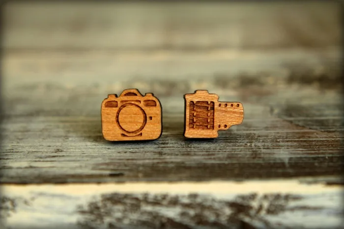 Cool geeky jewelry: camera and film wooden stud earrings | cool mom tech