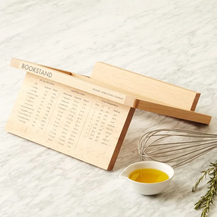 A beautifully low tech cookbook stand for high tech tablets