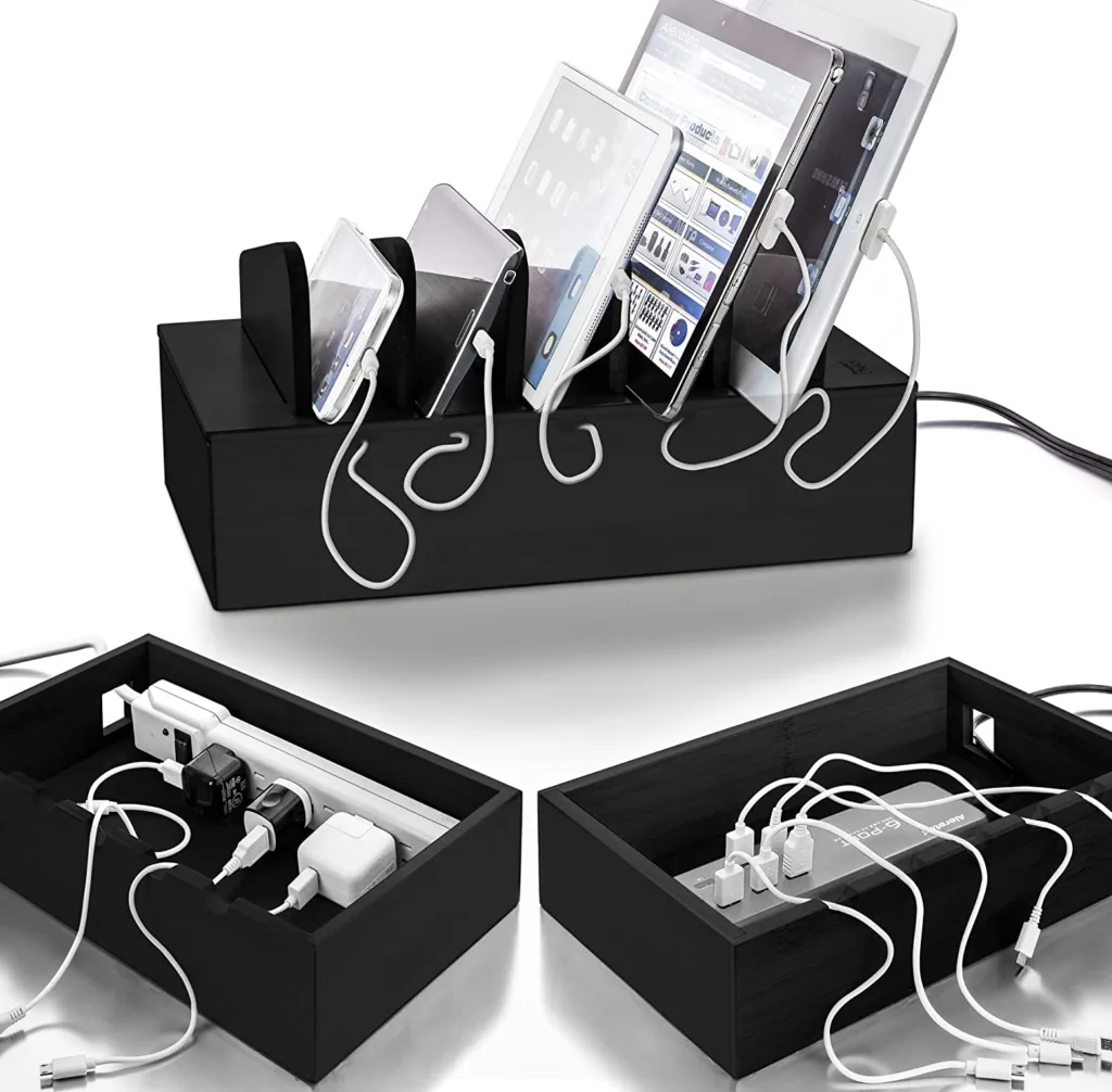 Black bamboo charging station lets you hide power strip inside Black bamboo charging station lets you hide power strip inside