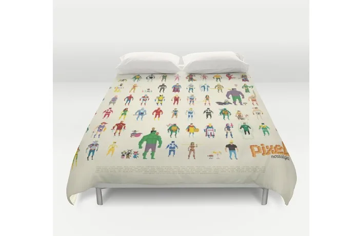 Superheroes sleep in an 8 bit bed