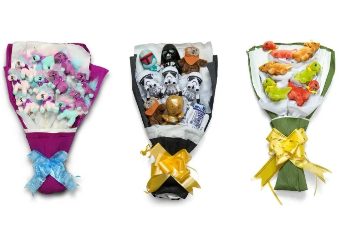 Geeky Valentine's Day gift bouquets featuring Star Wars, unicorns, and dinos and other pets