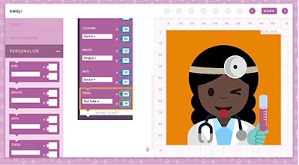Kids can make their own custom emoji using blockly at Made with Code | coolmomtech.com