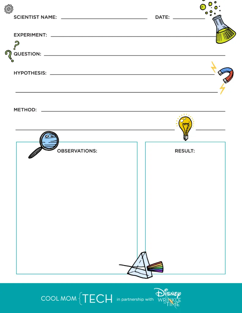 Free printable kids' science experiment worksheet | Cool Mom Tech in partnership with Disney's A Wrinkle in Time