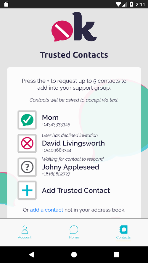 notOK app: add your closest friends and family to your Trusted Circle of contacts