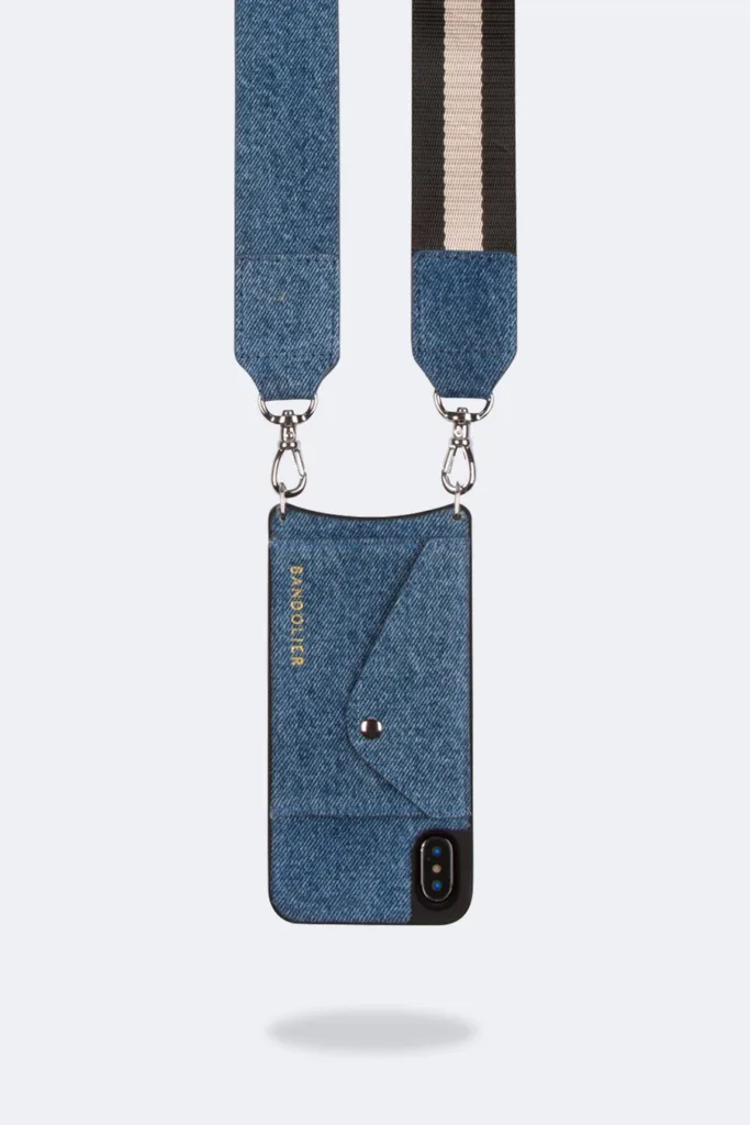 Bandolier phone case with slot case in denim