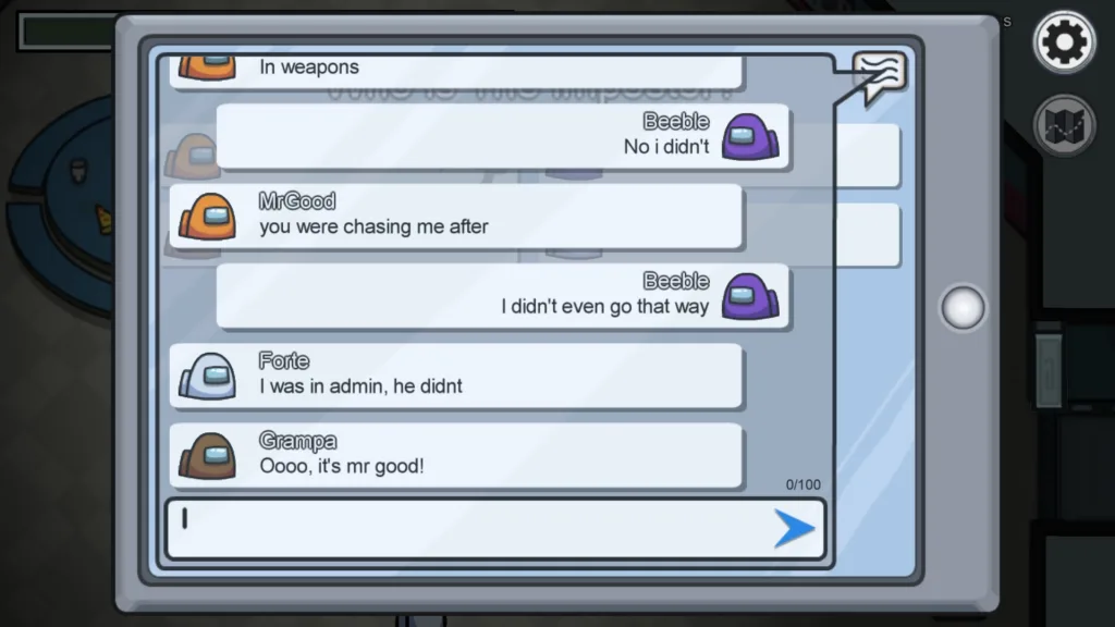 The chat board from Among Us multiplayer game for kids