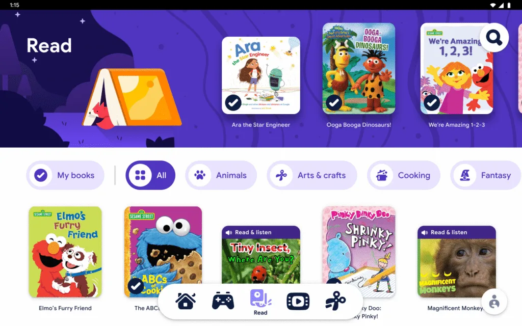 The Google Kids Space Read Tab features tons of free books (sponsor) The Google Kids Space Read Tab features tons of free books (sponsor)