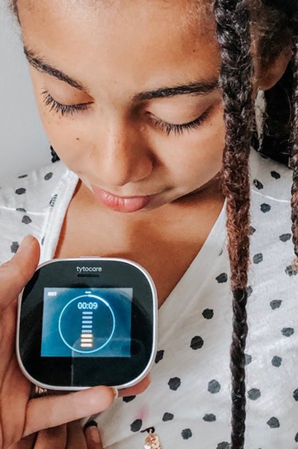 Checking heart rate with the TytoCare on-demand medical exam kit