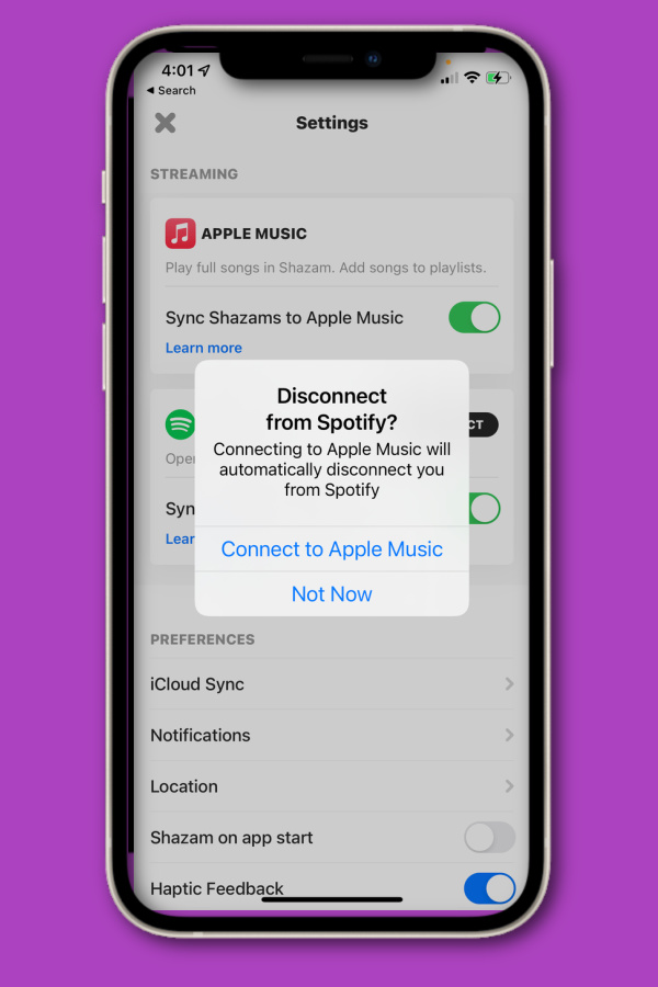 How to change Shazam from Spotify to Apple Music