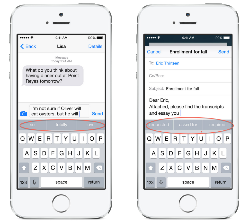 iOS8 changes: predictive text for messages and mail