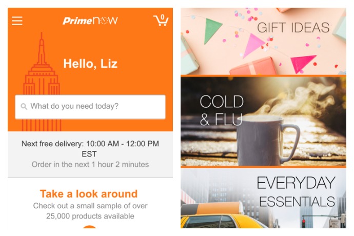 An overview of the Amazon Prime Now app. Should you need baby wipes or a fishnet body suit delivered in the next two hours.