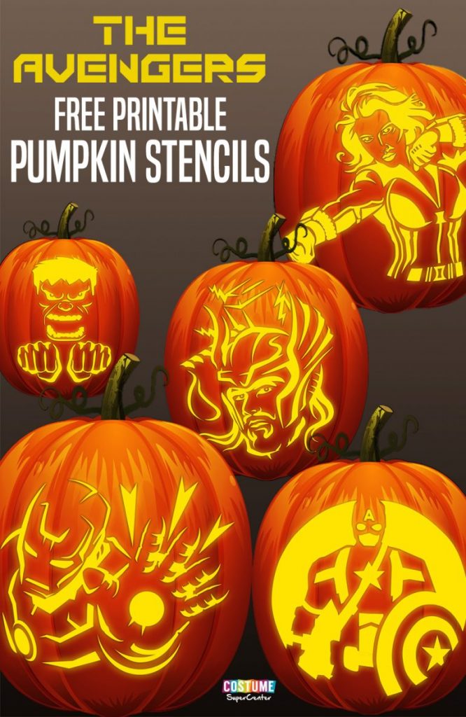 Free printable Marvel Avengers pumpkin stencils: Captain America, Iron Man, Black Widow, Thor and Hulk.