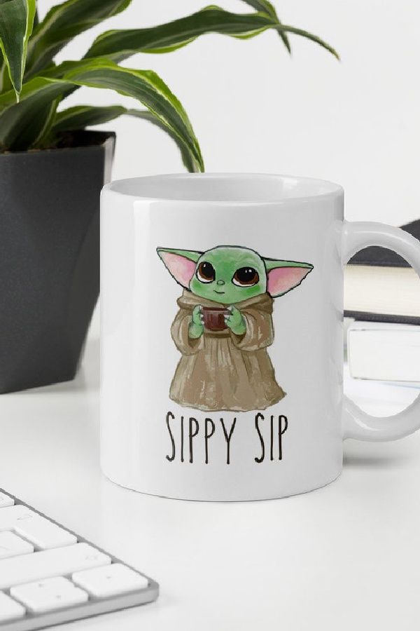 Star Wars Mandalorian gifts for fans: Baby Yoda Sippy Sip mug from Doodle Gift shop