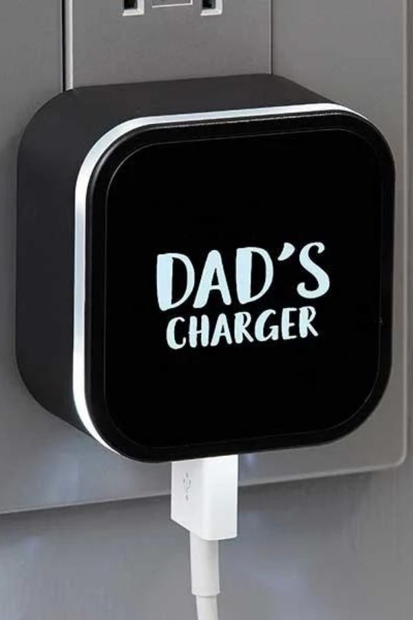 Maybe dad will share his charger if you give him his very own personalized one like this one from Personalization Mall